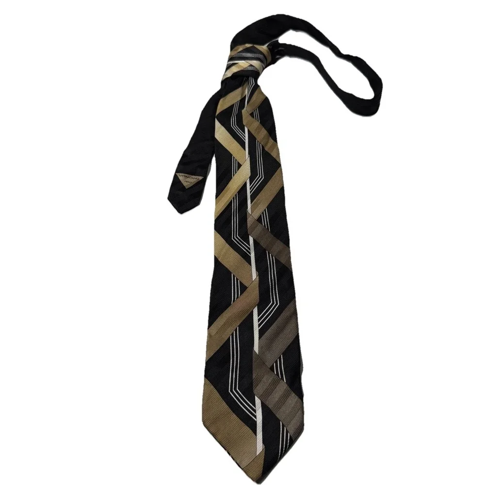 Vitaliano Pancaldi Silk Necktie Geometric Black Gold Grey Diagonal Stripe Giove